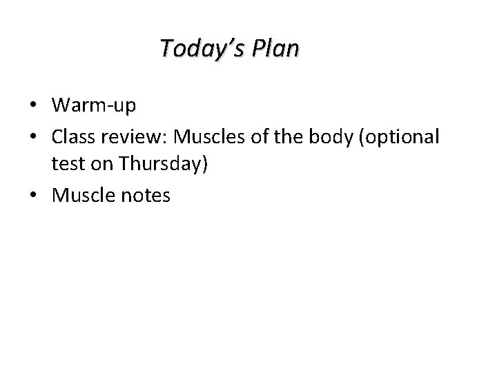 Today’s Plan • Warm-up • Class review: Muscles of the body (optional test on