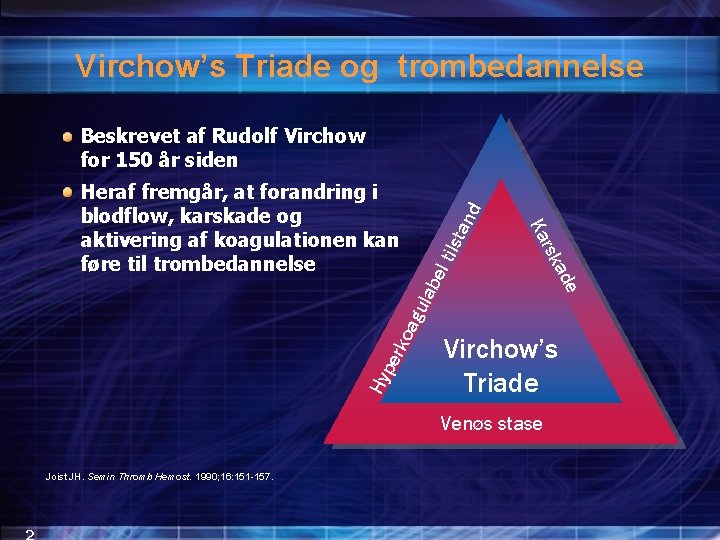 Virchow’s Triade og trombedannelse Beskrevet af Rudolf Virchow for 150 år siden nd sta