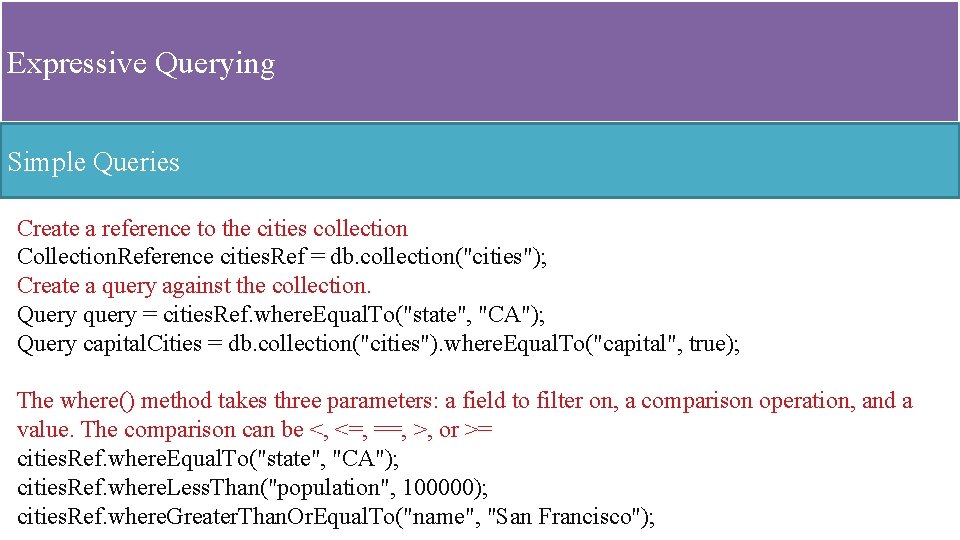 Expressive Querying Simple Queries Create a reference to the cities collection Collection. Reference cities.