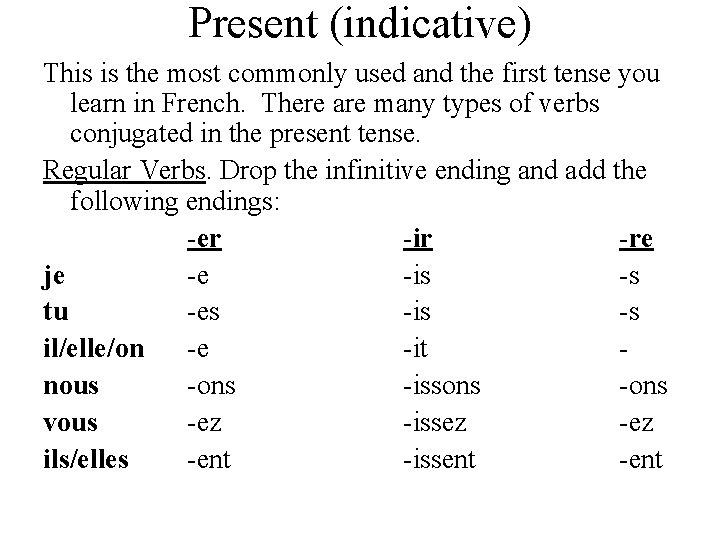 Present (indicative) This is the most commonly used and the first tense you learn