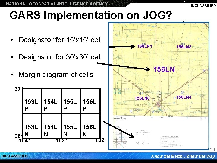 NATIONAL GEOSPATIAL-INTELLIGENCE AGENCY UNCLASSIFIED GARS Implementation on JOG? 30’ X 30’ cell • Designator