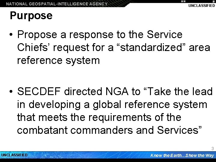 NATIONAL GEOSPATIAL-INTELLIGENCE AGENCY UNCLASSIFIED Purpose • Propose a response to the Service Chiefs’ request
