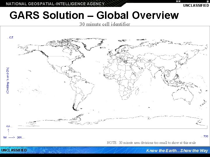NATIONAL GEOSPATIAL-INTELLIGENCE AGENCY UNCLASSIFIED GARS Solution – Global Overview 30 minute cell identifier NOTE: