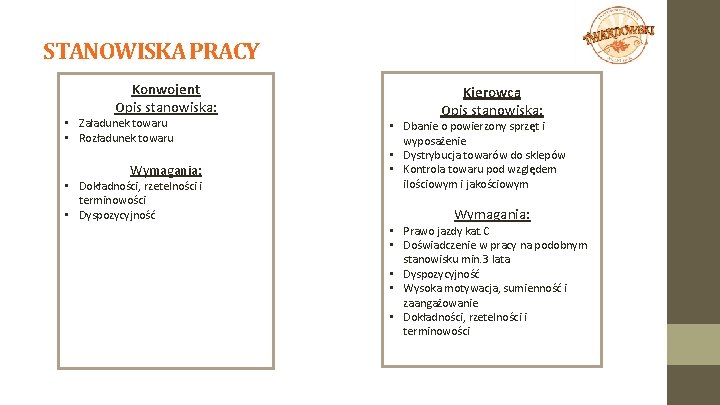 STANOWISKA PRACY Konwojent Opis stanowiska: Kierowca Opis stanowiska: • Załadunek towaru • Rozładunek towaru