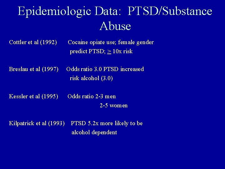 Epidemiologic Data: PTSD/Substance Abuse Cottler et al (1992) Cocaine opiate use; female gender predict