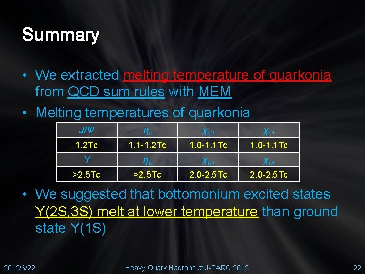 Summary • We extracted melting temperature of quarkonia from QCD sum rules with MEM