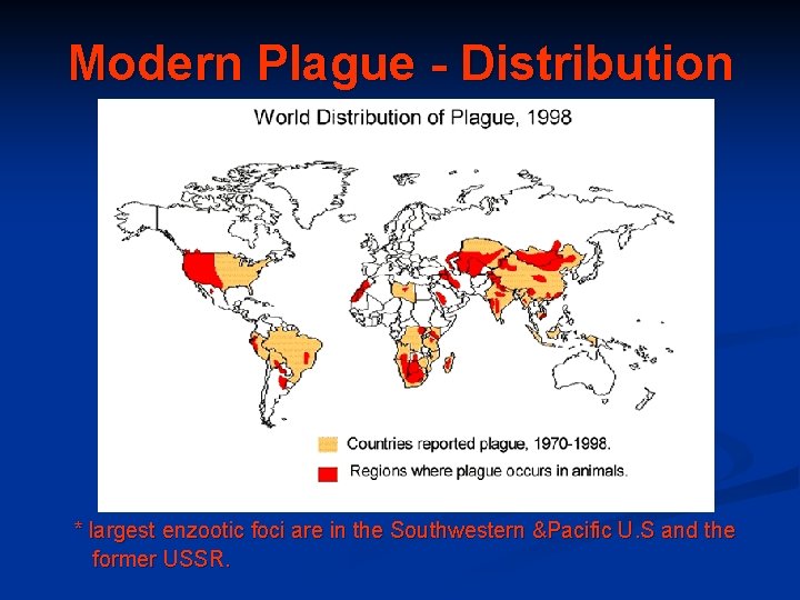 Modern Plague - Distribution * largest enzootic foci are in the Southwestern &Pacific U.