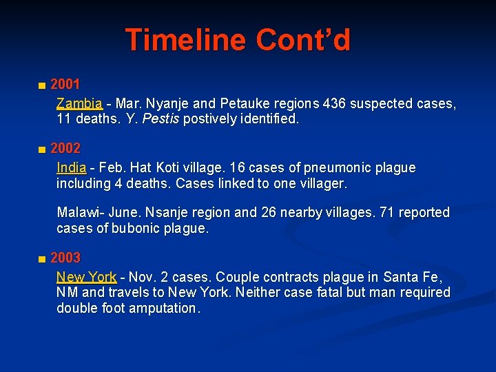 Timeline Cont’d ■ 2001 Zambia - Mar. Nyanje and Petauke regions 436 suspected cases,