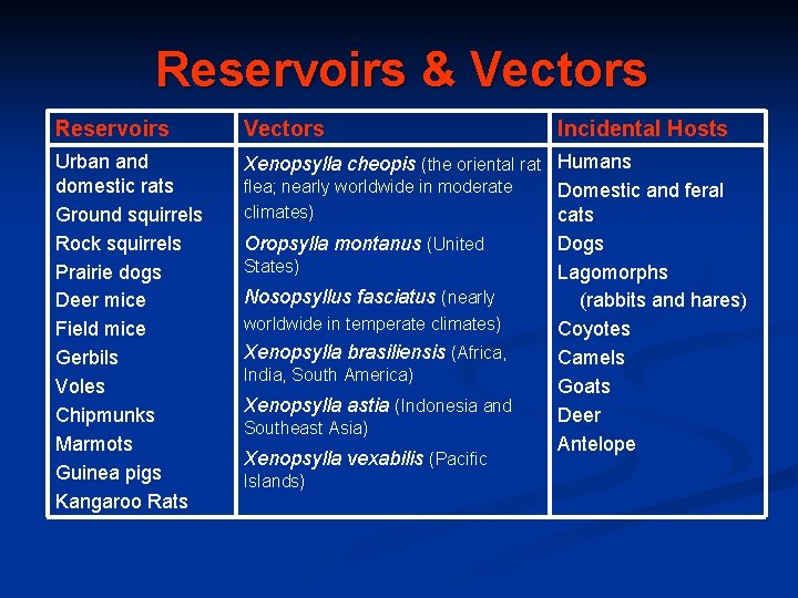 Reservoirs & Vectors Reservoirs Vectors Urban and domestic rats Ground squirrels Rock squirrels Prairie