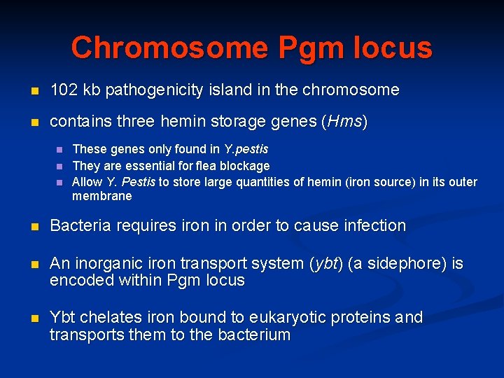 Chromosome Pgm locus n 102 kb pathogenicity island in the chromosome n contains three