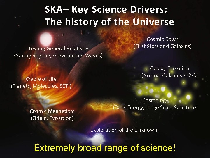 SKA– Key Science Drivers: The history of the Universe Testing General Relativity (Strong Regime,