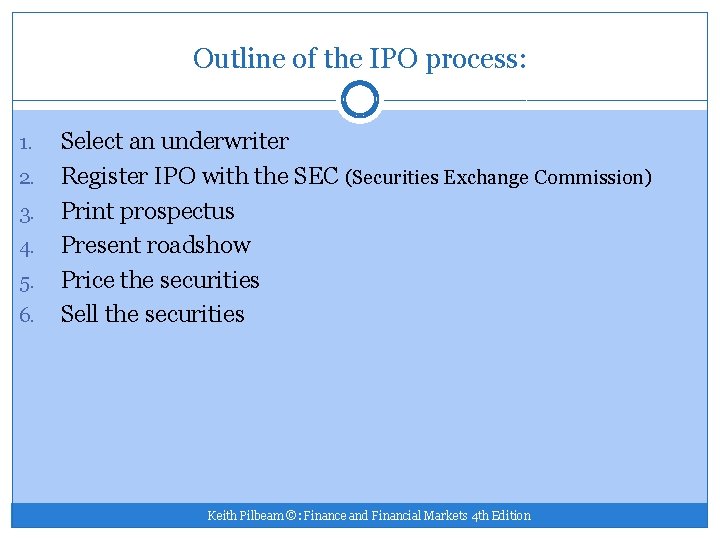 Outline of the IPO process: 1. 2. 3. 4. 5. 6. Select an underwriter