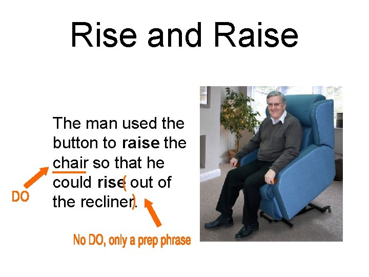 Rise and Raise The man used the button to raise the chair so that