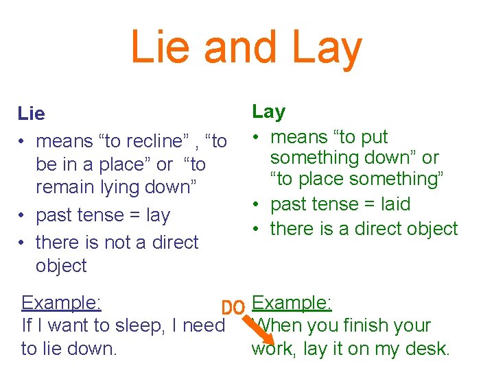 Lie and Lay Lie • means “to recline” , “to be in a place”