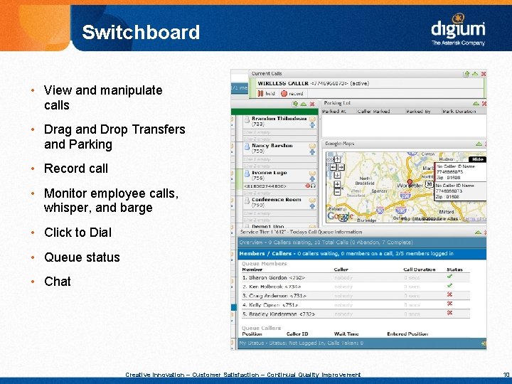Switchboard • View and manipulate calls • Drag and Drop Transfers and Parking •