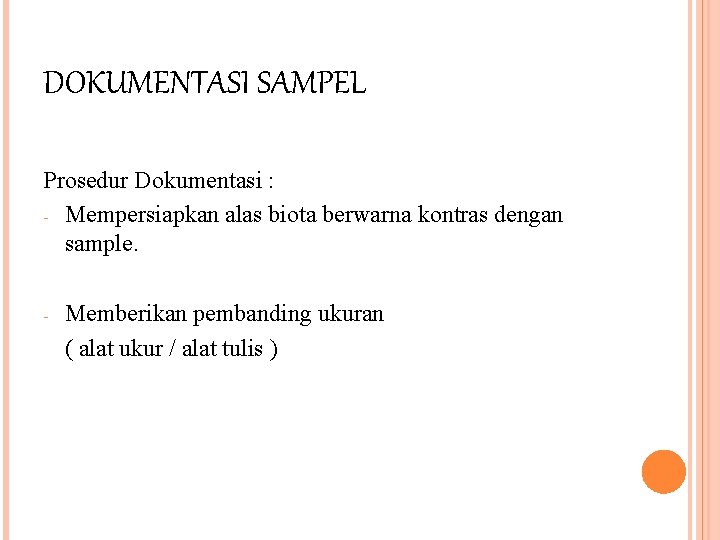 DOKUMENTASI SAMPEL Prosedur Dokumentasi : - Mempersiapkan alas biota berwarna kontras dengan sample. -