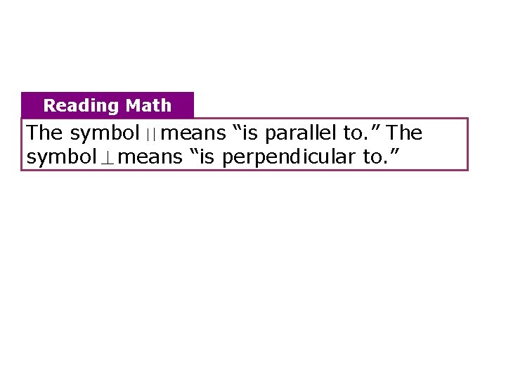 Reading Math The symbol means “is parallel to. ” The symbol means “is perpendicular