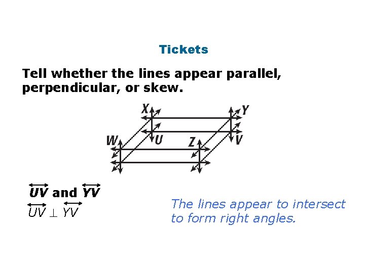 Tickets Tell whether the lines appear parallel, perpendicular, or skew. UV and YV UV