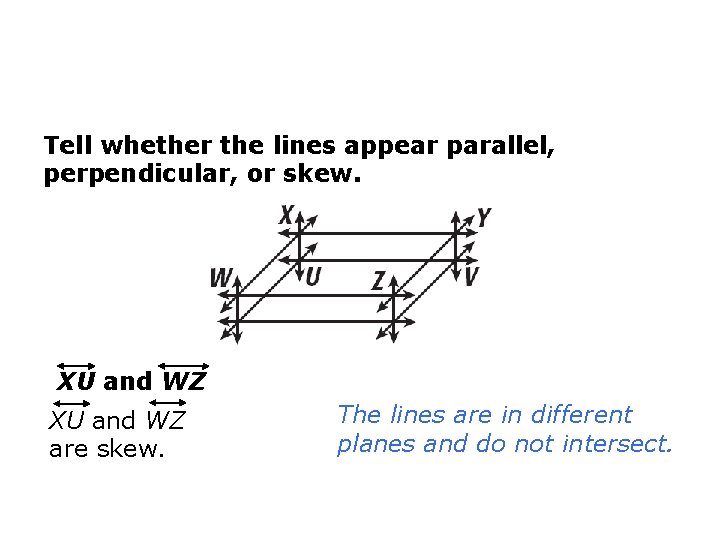 Tell whether the lines appear parallel, perpendicular, or skew. XU and WZ are skew.