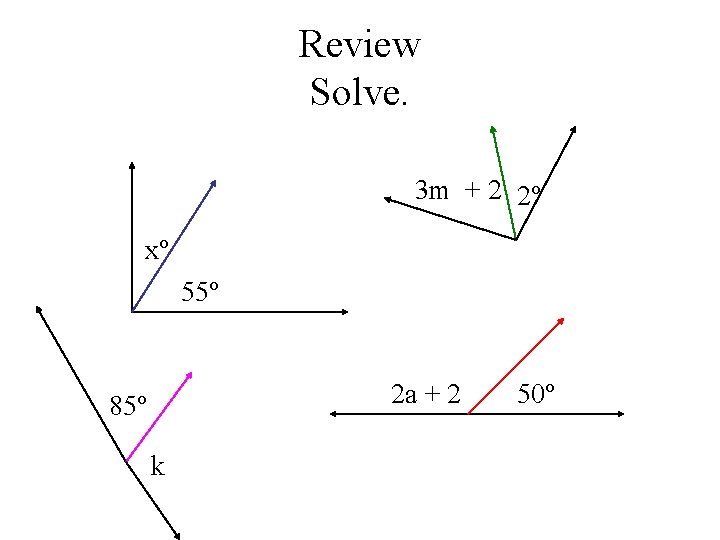 Review Solve. 3 m + 2 2º xº 55º 2 a + 2 85º