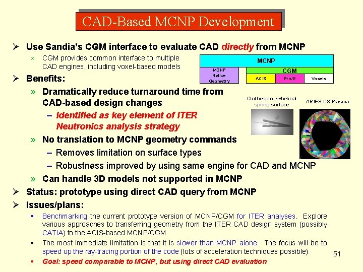 CAD-Based MCNP Development Ø Use Sandia’s CGM interface to evaluate CAD directly from MCNP