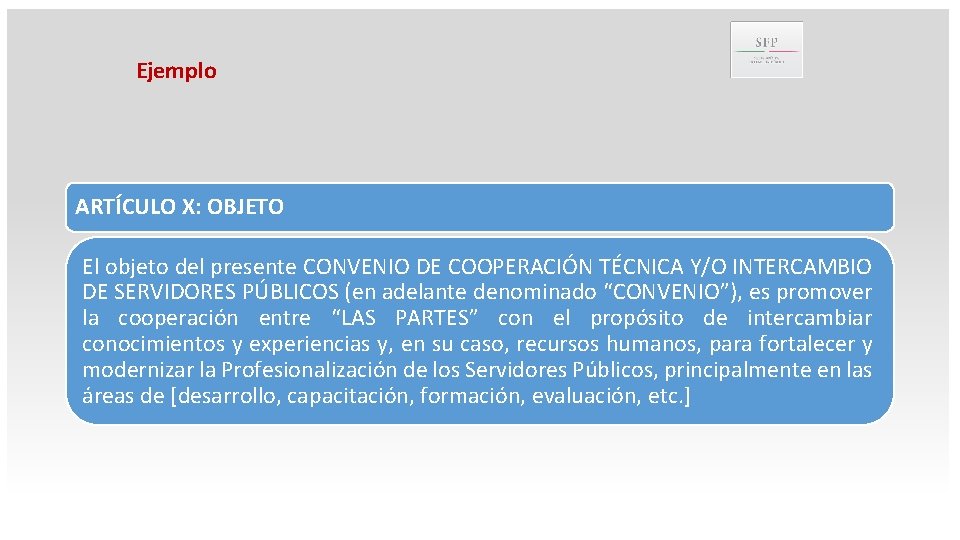 Ejemplo ARTÍCULO X: OBJETO El objeto del presente CONVENIO DE COOPERACIÓN TÉCNICA Y/O INTERCAMBIO