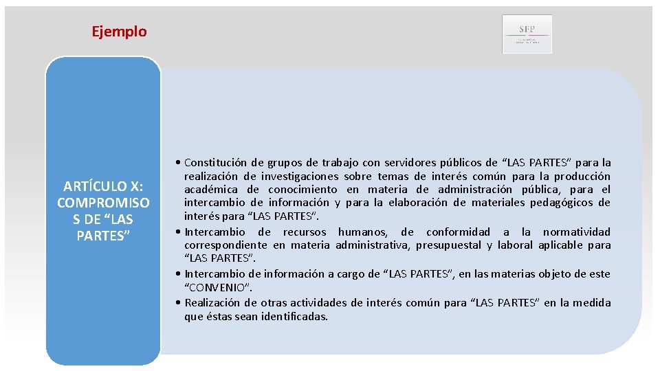 Ejemplo ARTÍCULO X: COMPROMISO S DE “LAS PARTES” • Constitución de grupos de trabajo