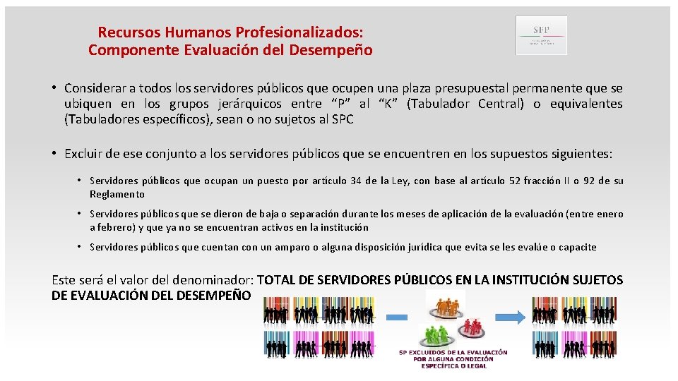 Recursos Humanos Profesionalizados: Componente Evaluación del Desempeño • Considerar a todos los servidores públicos