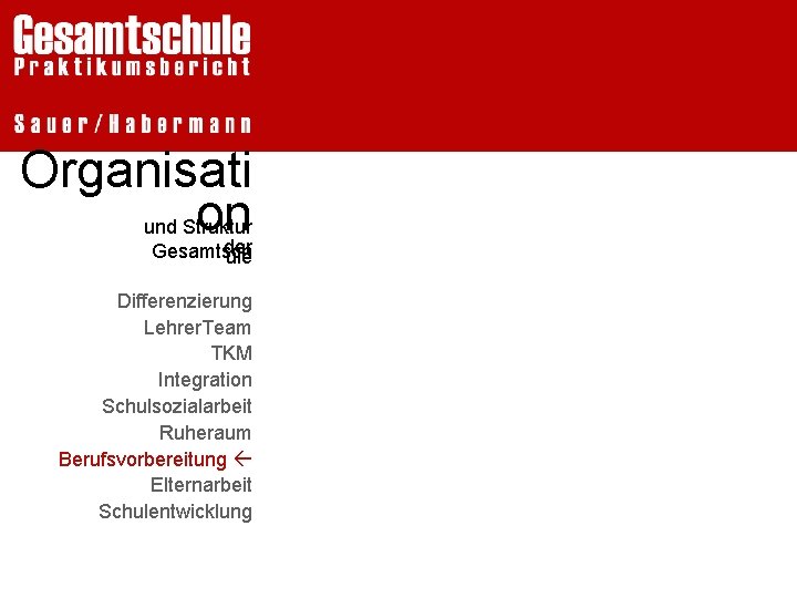 Organisati on und Struktur der Gesamtsch ule Differenzierung Lehrer. Team TKM Integration Schulsozialarbeit Ruheraum