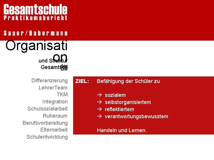 Organisati on und Struktur der Gesamtsch ule Differenzierung Lehrer. Team TKM Integration Schulsozialarbeit Ruheraum