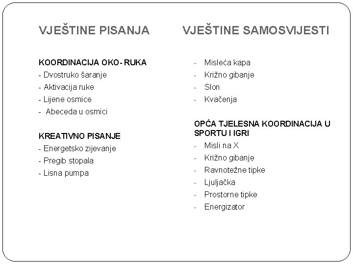 VJEŠTINE PISANJA VJEŠTINE SAMOSVIJESTI KOORDINACIJA OKO- RUKA - Misleća kapa - Dvostruko šaranje -