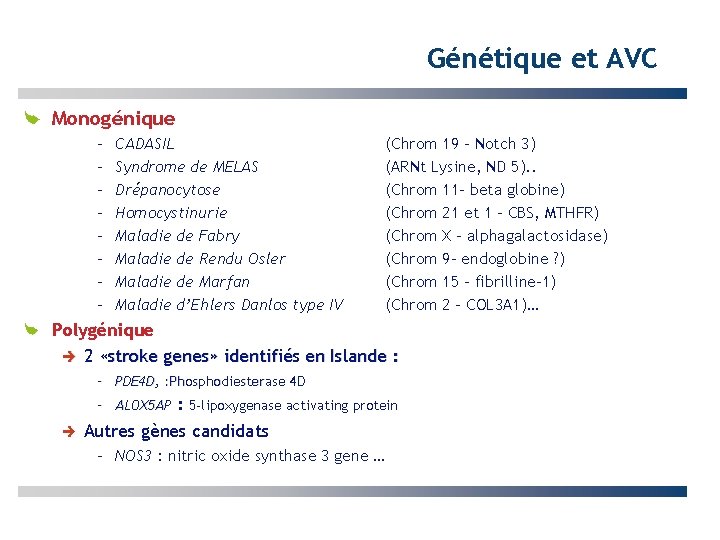 Génétique et AVC Monogénique – – – – CADASIL Syndrome de MELAS Drépanocytose Homocystinurie
