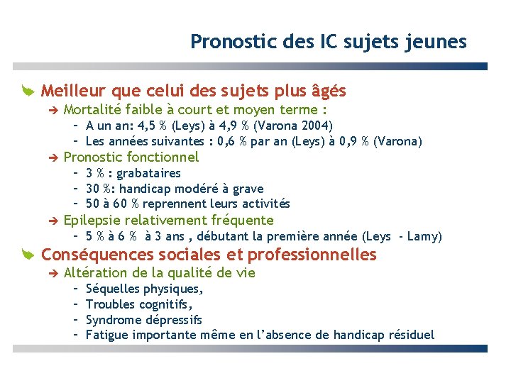 Pronostic des IC sujets jeunes Meilleur que celui des sujets plus âgés Mortalité faible