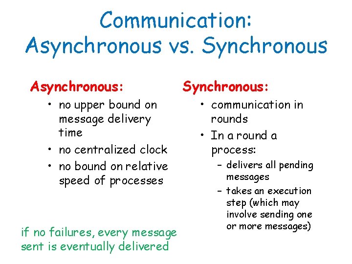 Communication: Asynchronous vs. Synchronous Asynchronous: • no upper bound on message delivery time •