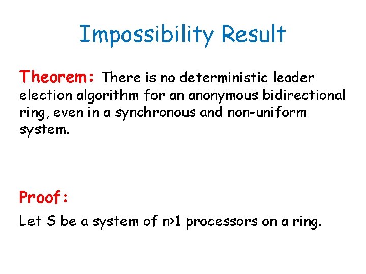 Impossibility Result Theorem: There is no deterministic leader election algorithm for an anonymous bidirectional