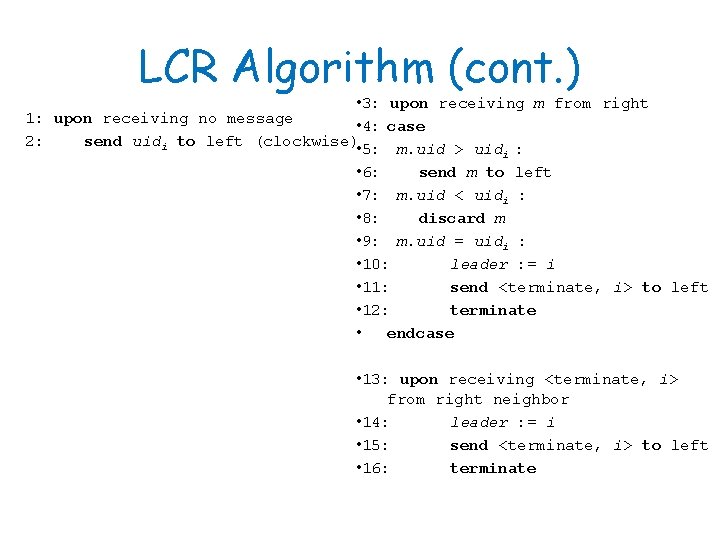 LCR Algorithm (cont. ) • 3: upon receiving m from right 1: upon receiving