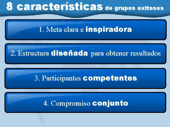 8 características de grupos exitosos 1. Meta clara e inspiradora 2. Estructura diseñada para
