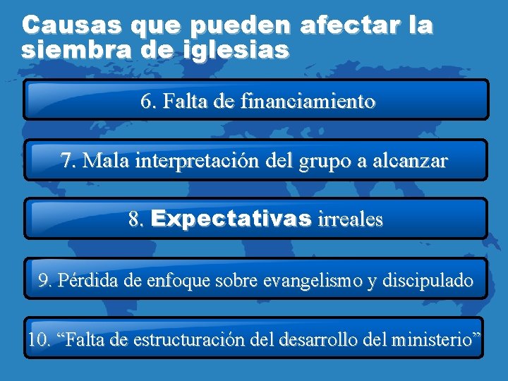 Causas que pueden afectar la siembra de iglesias 6. Falta de financiamiento 7. Mala