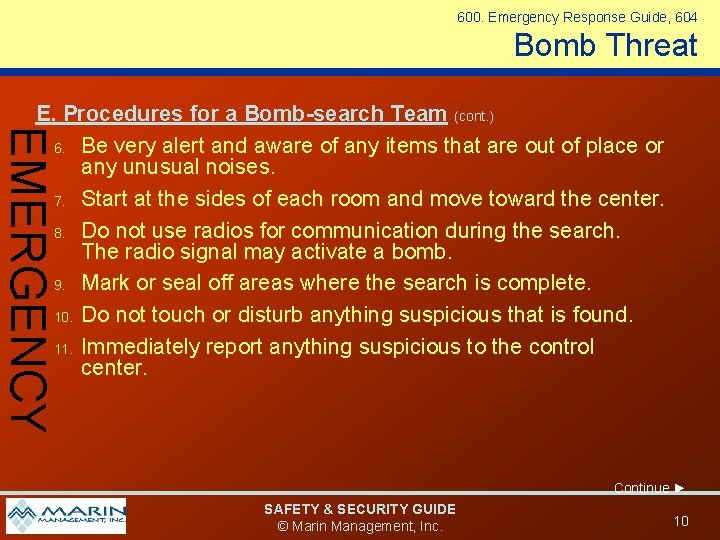 600. Emergency Response Guide, 604 Bomb Threat EMERGENCY E. Procedures for a Bomb-search Team