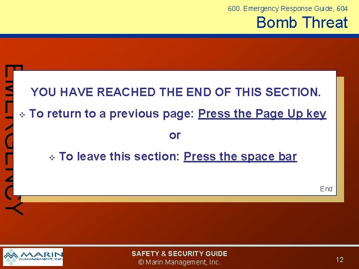 600. Emergency Response Guide, 604 Bomb Threat EMERGENCY v YOU HAVE REACHED THE END