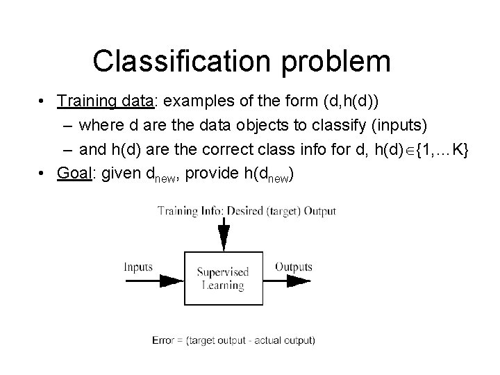 Classification problem • Training data: examples of the form (d, h(d)) – where d
