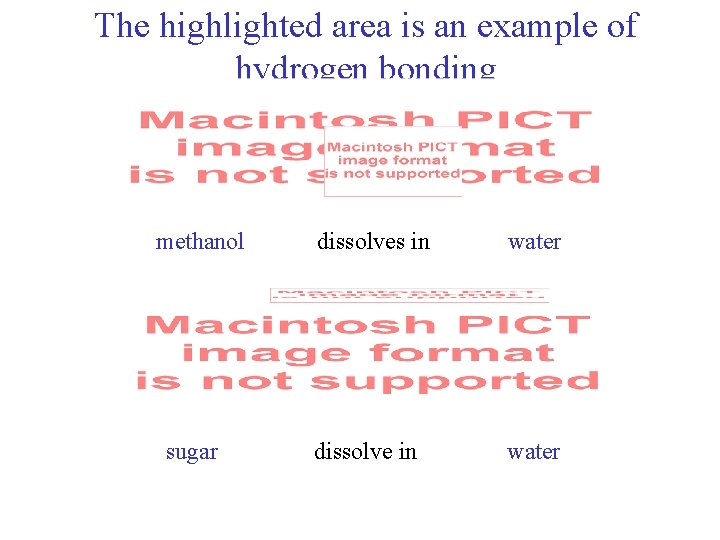 The highlighted area is an example of hydrogen bonding methanol sugar dissolves in water