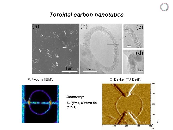 Toroidal carbon nanotubes P. Avouris (IBM): C. Dekker (TU Delft): Discovery: S. Iijima, Nature