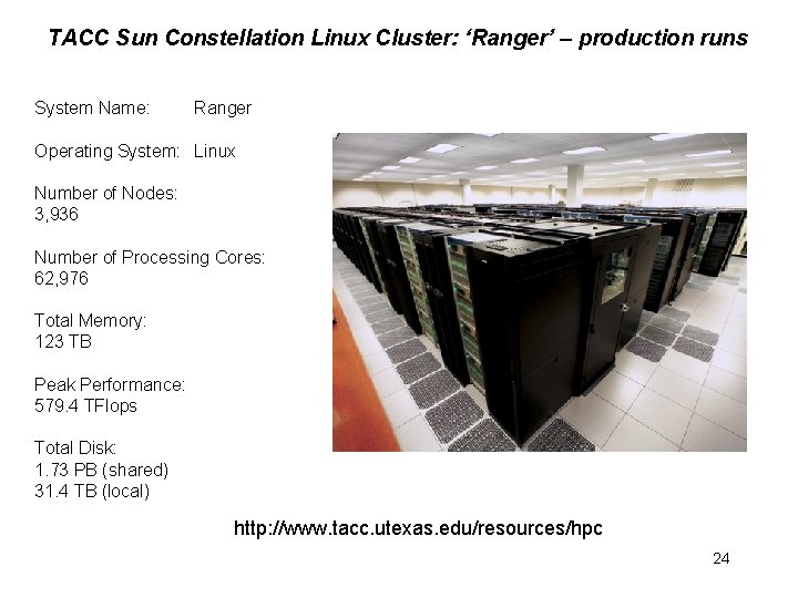 TACC Sun Constellation Linux Cluster: ‘Ranger’ – production runs System Name: Ranger Operating System: