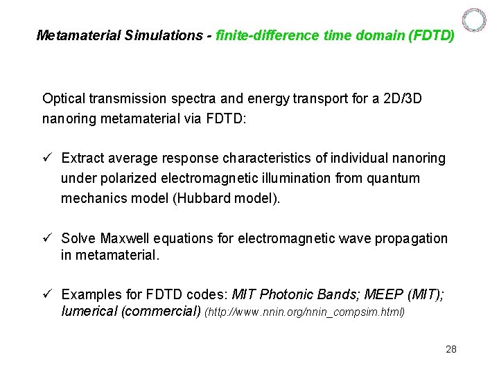 Metamaterial Simulations - finite-difference time domain (FDTD) Optical transmission spectra and energy transport for