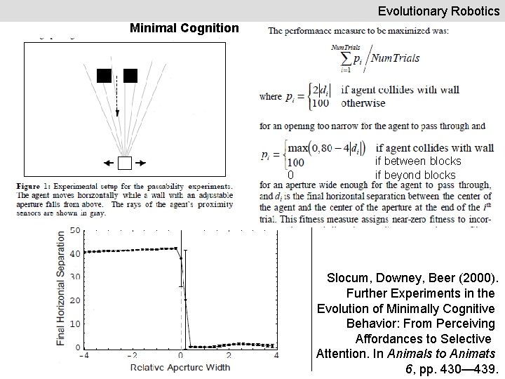 Evolutionary Robotics Minimal Cognition 0 if between blocks if beyond blocks Slocum, Downey, Beer