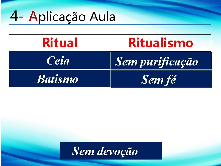 4 - Aplicação Aula Ritual Ceia Batismo Ritualismo Sem purificação Sem fé Sem. Oração