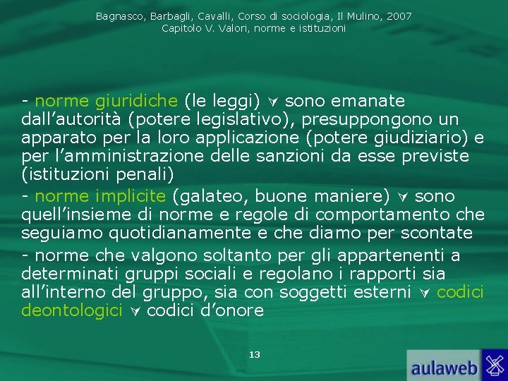 Bagnasco, Barbagli, Cavalli, Corso di sociologia, Il Mulino, 2007 Capitolo V. Valori, norme e