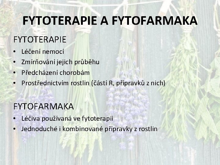FYTOTERAPIE A FYTOFARMAKA FYTOTERAPIE • • Léčení nemocí Zmírňování jejich průběhu Předcházení chorobám Prostřednictvím