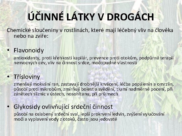 ÚČINNÉ LÁTKY V DROGÁCH Chemické sloučeniny v rostlinách, které mají léčebný vliv na člověka